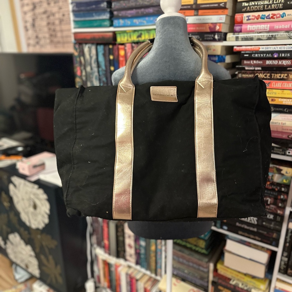 Victoria's Secret Black Duffel Bag with Rose Gold Accents